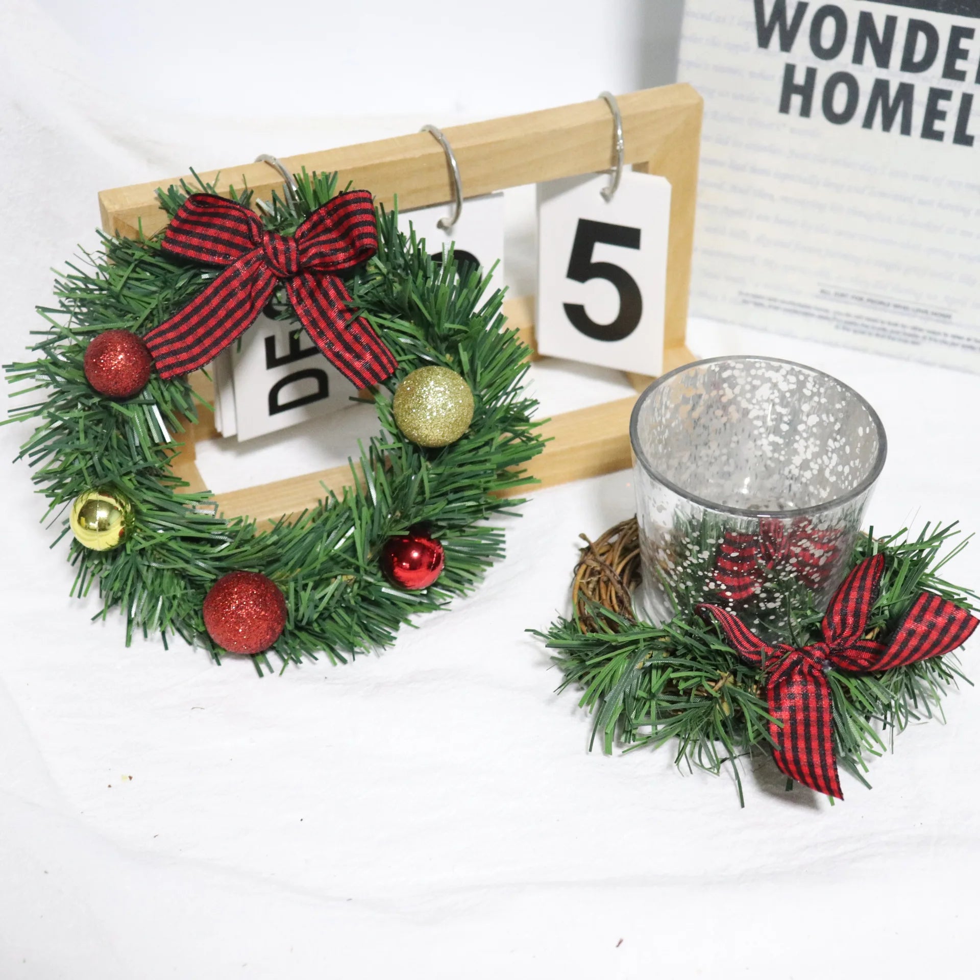 Holiday Garland Decoration Indoor Outdoor Wreath Festive Mini Christmas Wreath with Glitter Balls Bow Small for Holiday Oasis Select