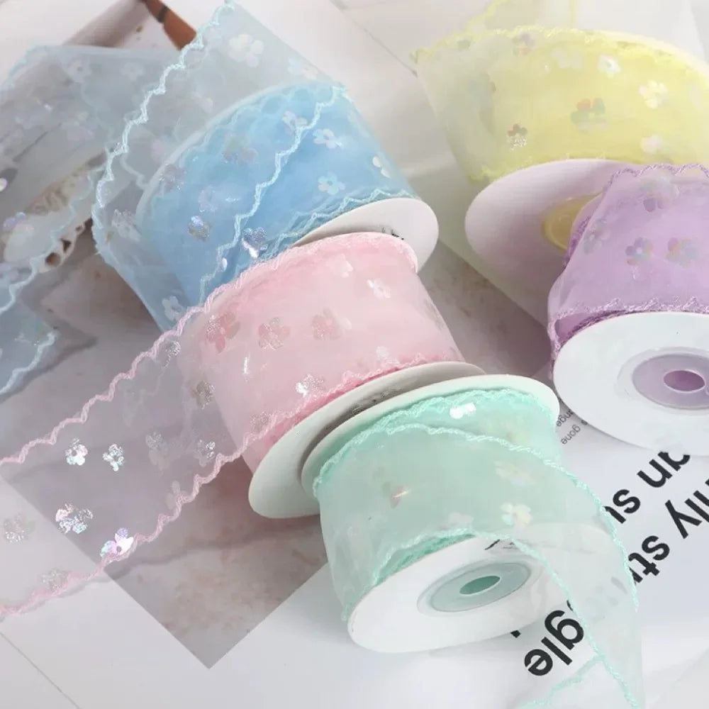 New 10 Yards Silk Ribbon Gift Wrapping Bouquets 4cm Gifts Packaging Material Wave Edge Pleated Chiffon Ribbon Oasis Select