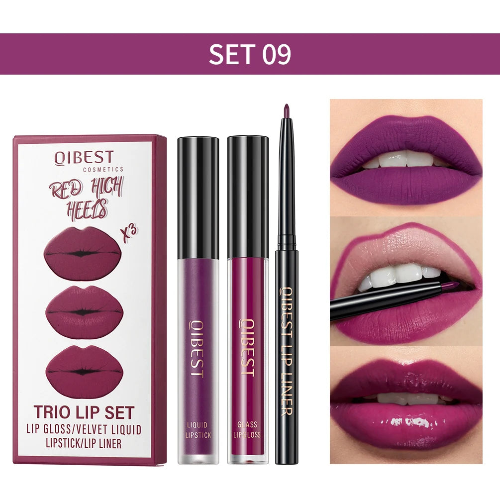 QIBEST 3-in-1 Matte Lipstick, Lip Liner & Gloss Set