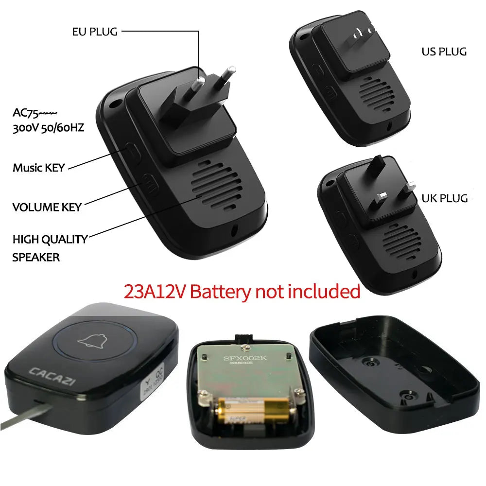 CACAZI New Wireless Doorbell Waterproof 300m Range US EU UK Plug-in Home Intelligent Door Bell Chime 1 2 Button 1 2 3 Receivers Oasis Select