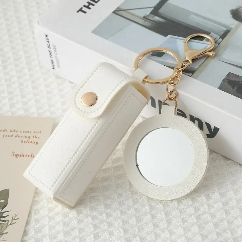 PU Leather Lipstick Holder Keychain with Flower Mirror