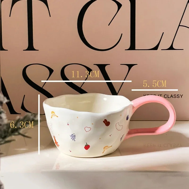 300ml Hand-painted Flower Ceramic Coffee Cup Cute Style Print Porcelain Handmade Breakfast Milk Juice Tea Chocolate Handle Mug Oasis Select