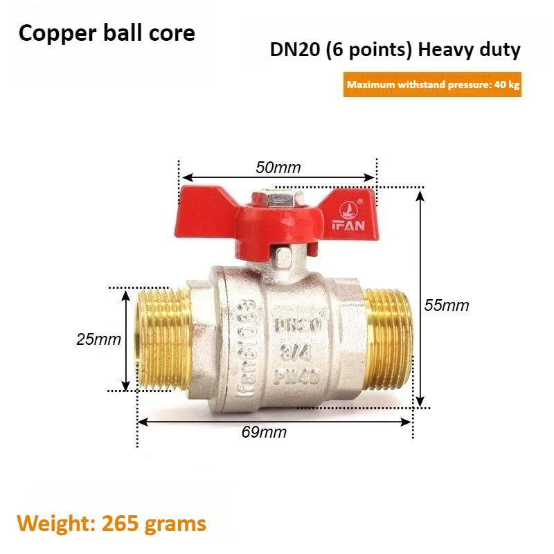 Brass Globe Valve with Butterfly Handle Two-piece 1/4 "3/8" 1/2 "3/4" External Thread, Suitable for Gas, Water, Oil, and Air Oasis Select 6 points DN20 copper Male thread