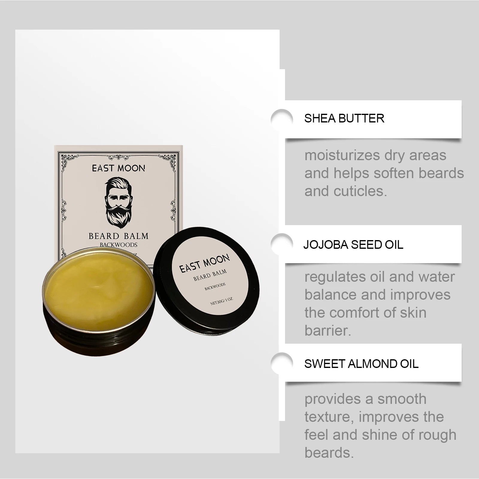 East Moon Men's Shea Butter Beard Balm Moisturizing Smoothing Beard Growth Wax Mustache Cream Facial Hair Care Reduce Frizz Oasis Select