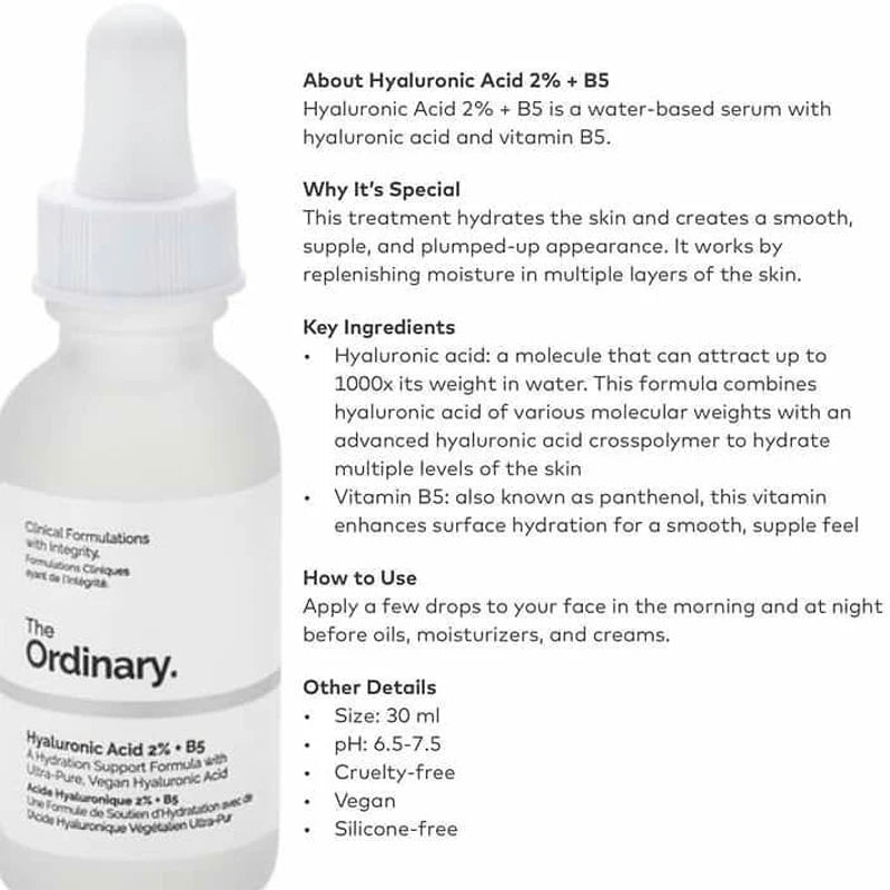 The Ordinary Hyaluronic Acid 2% + B5 Hydrating Serum 30ml Hydrating Face Serum Oasis Select