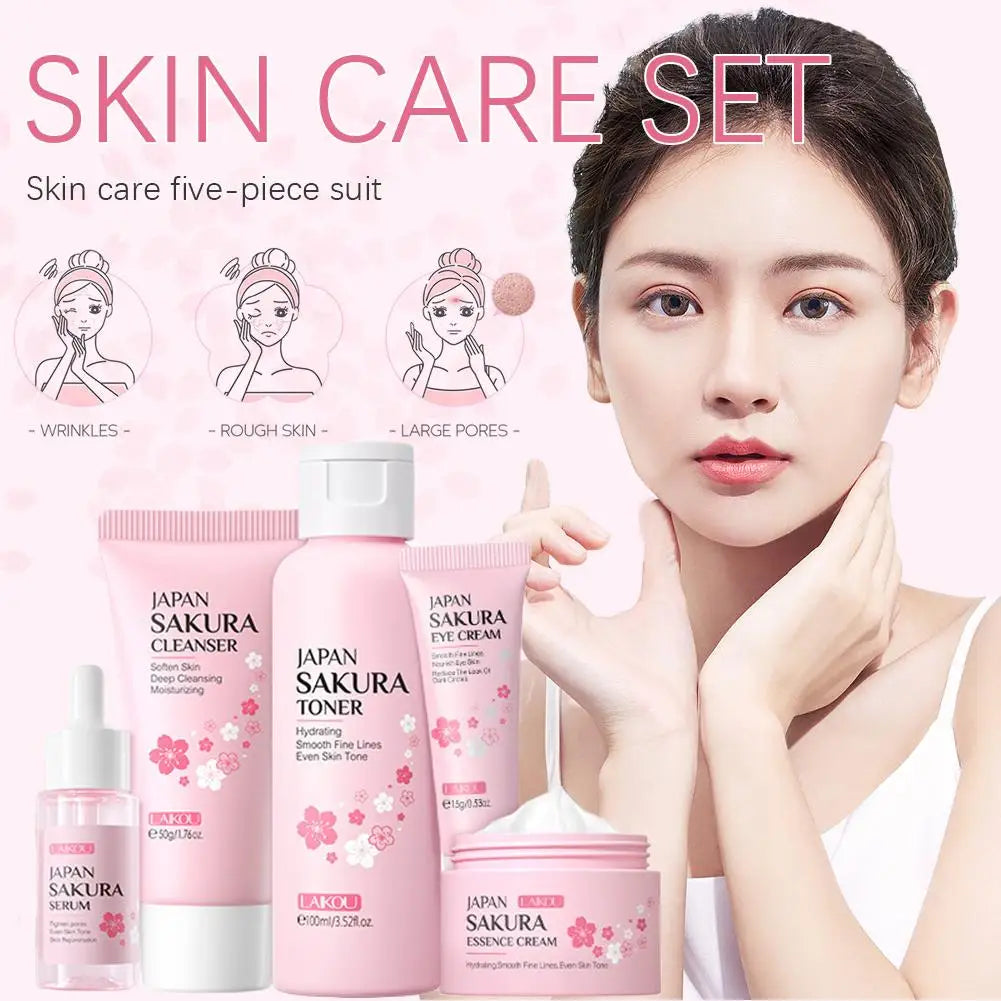 5pcs Skin Care Set Sakura Essence Skin Care Gift Sets With Cleanser,Toner,Serum,Eye Cream, Moisturizing Smooth Wrinkles Skincare Oasis Select