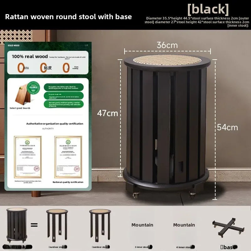 Household stools can be stacked solid wood round stools stacked low stools with pulleys wooden stools sturdy and durable Oasis Select Black-4E