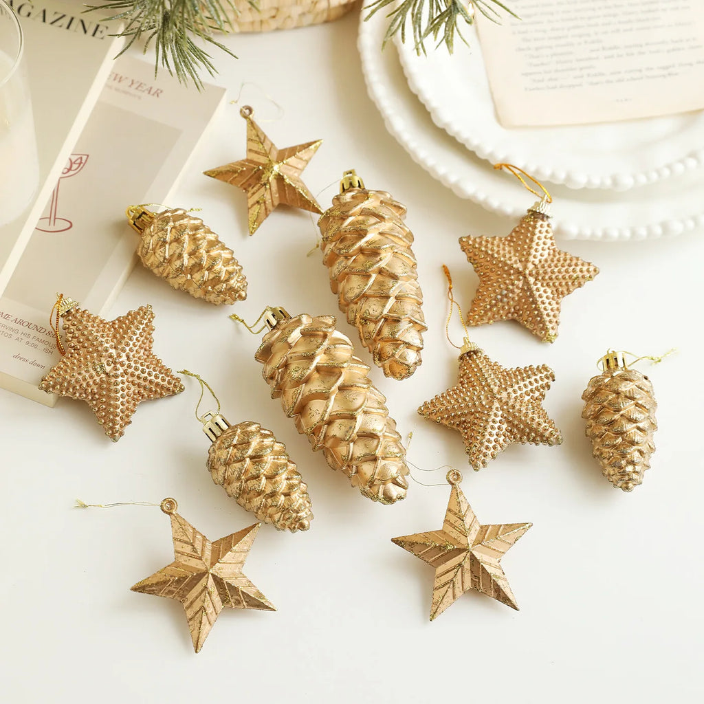 Retro Gold Glitter Christmas Pine Cone Ball Ornaments Star Hanging Pendants Merry Christmas Decoration for Home Xmas Tree Decor Oasis Select