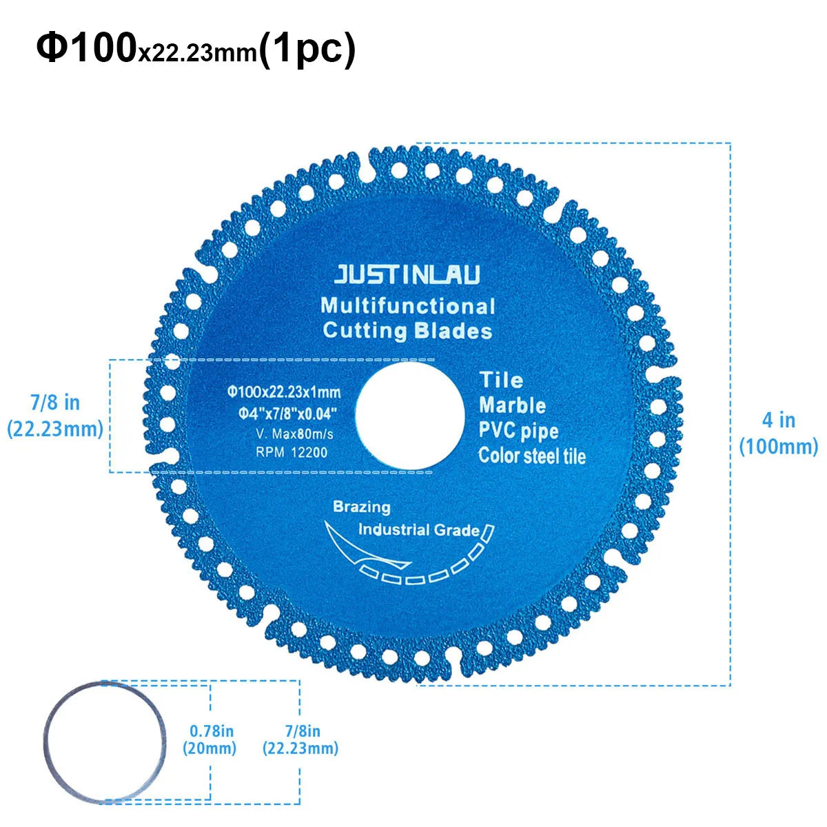 JUSTINLAU Multifunctional Cutting Piece Sheet Disc Tile Rock Plate Metal Marble Machine Angle Grinder Dry Slice Emery Saw Blade Oasis Select 1pc Blue-100mm