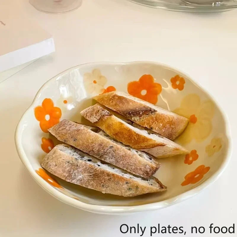 1PCS Ceramic Salad Bowl Hand Pinched Irregular Ins Korean Style Cream Yellow Yogurt Bowl Oatmeal Breakfast Plates Flower Bowl Oasis Select Orange