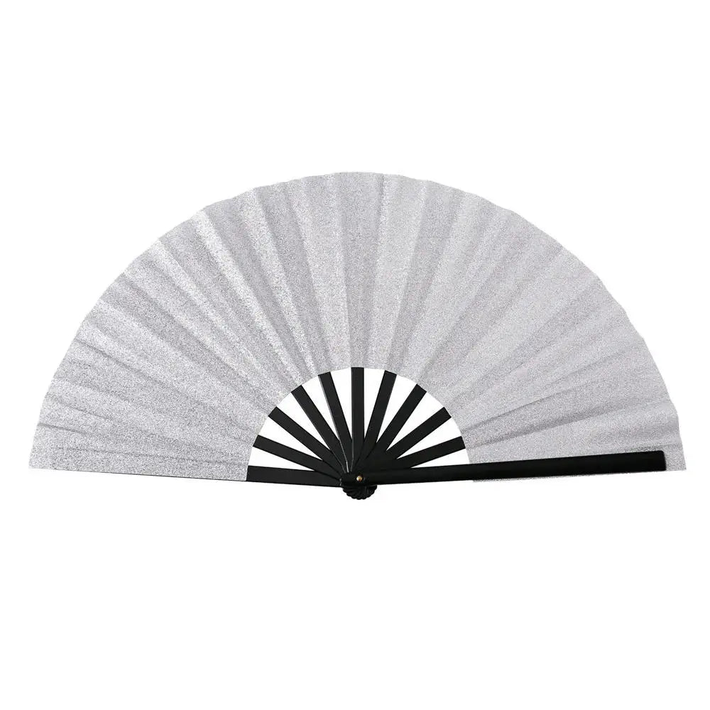 New Foldable Bamboo Fan 33cm Lightweight Holding Laser Colors Hand Fan Portable PVC Clack Clapping Fans for Line Dancing Oasis Select Silver