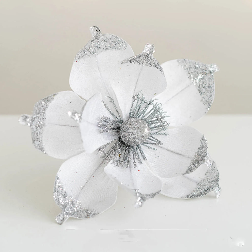 20cm Glitter Magnolia Christmas Flower Pick – Pink Sequin Christmas Flower Pick Oasis Select White One Size