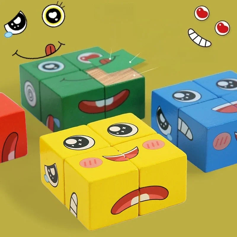 Cube Face Changing Wood Puzzle Building Block Board Game Montessori Expression Wooden Block Blocos for Children New Oasis Select