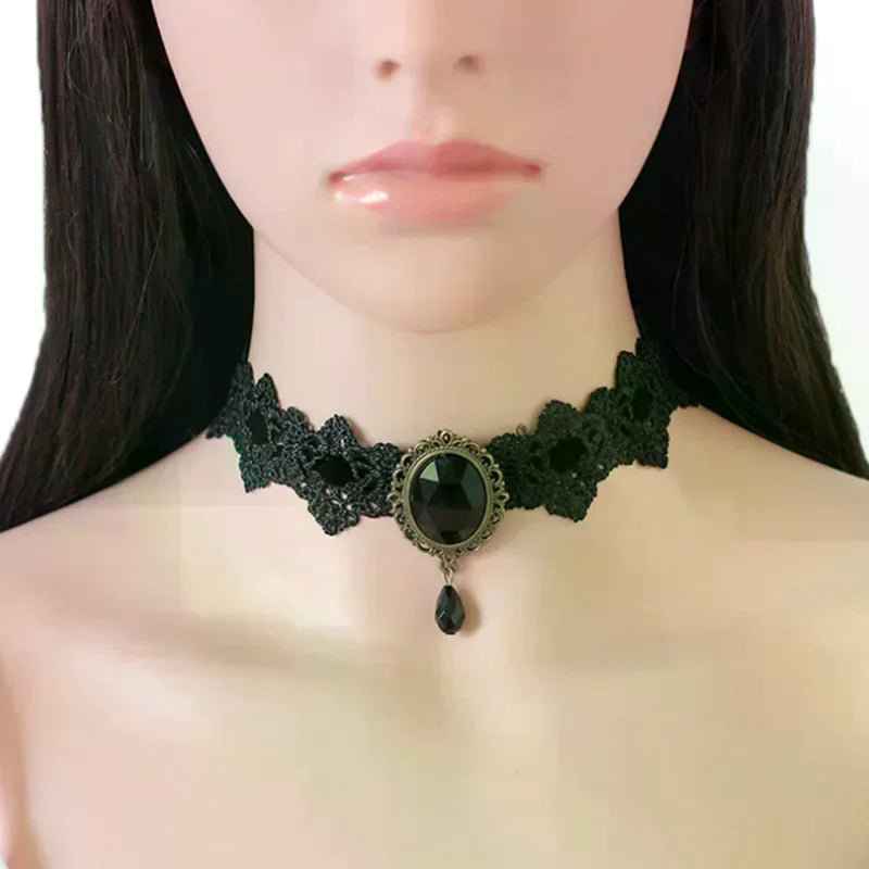 Black Lace Necklace Collar Choker Velvet Crystal Vintage Gothic Chain Pendant Oasis Select