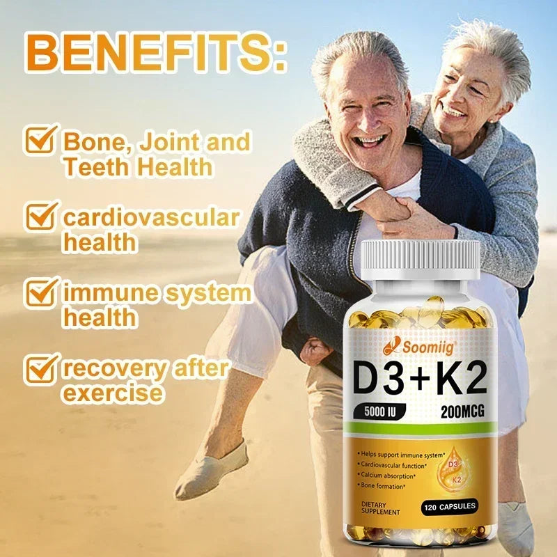 Vitamin D3 5000IU and 200 Mcg Vitamin K2 (MK-7) Capsules for Calcium Absorption, Bone Regeneration, Immune Support, Easy To Melt Oasis Select