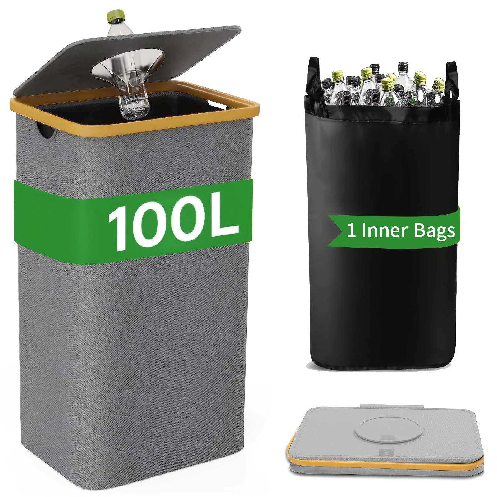 Large-capacity storage box with inner bag, foldable, for bottles, clothes, toys, recyclable waste, laundry basket, 24/100L Oasis Select Gray -1 inner bag