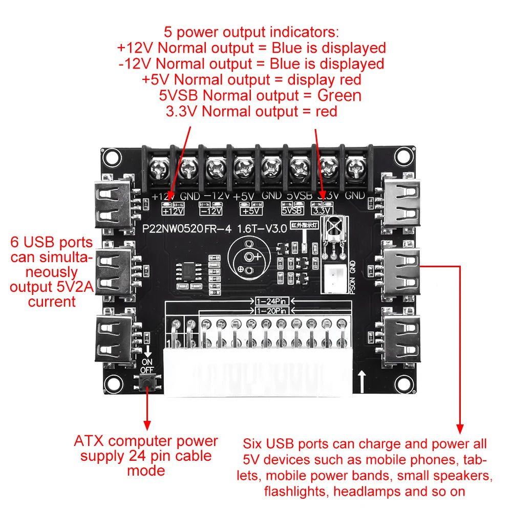 24 Pins ATX Power Supply Breakout Board and Acrylic Case Kit Module Adapter Power Connector Support 12V -12V 5V 5VSB 3.3V Oasis Select