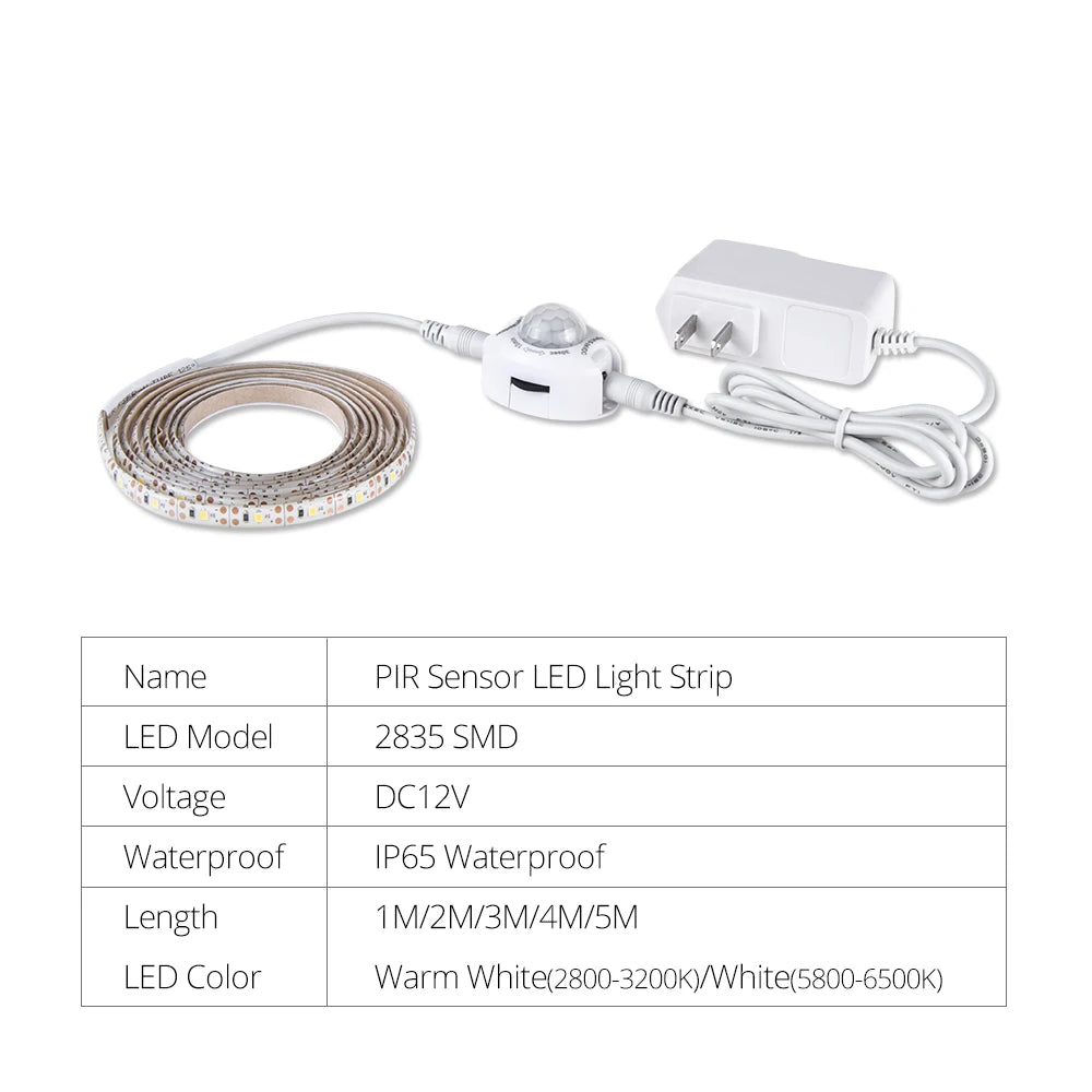 1-5M PIR Motion Sensor Strip Lights DC12V Waterproof LED Under Cabinet Lamp For Bedroom Kitchen Closet Stairs Bedside Nightlight Oasis Select