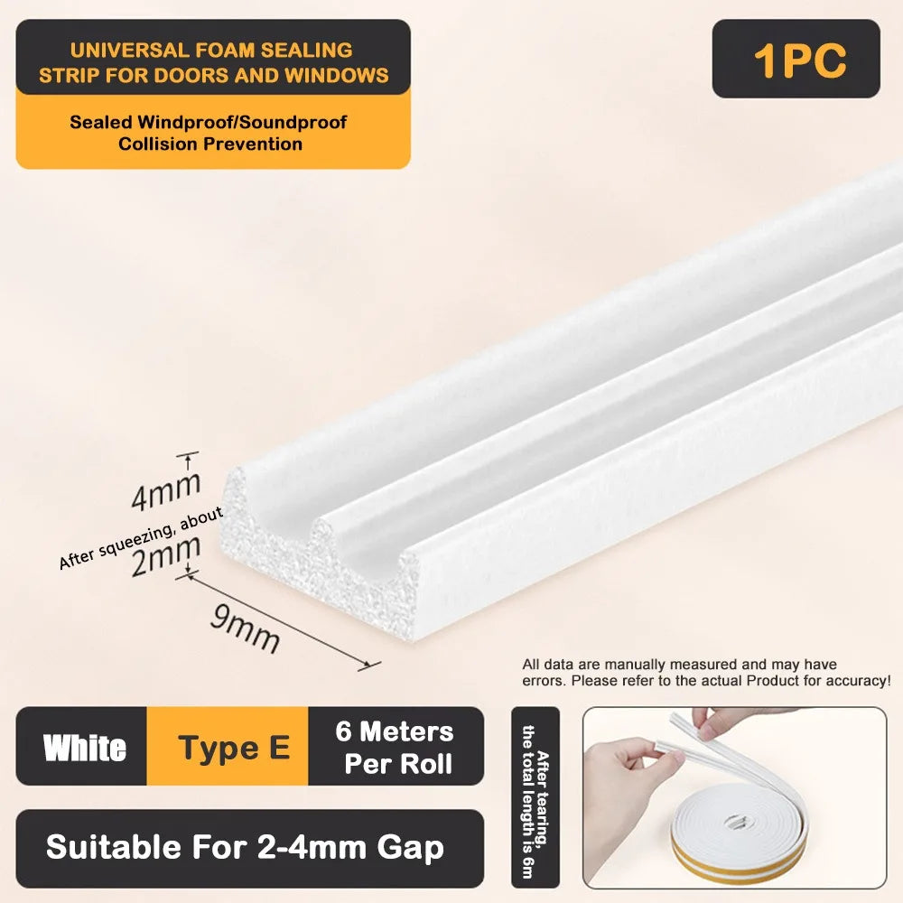 Self Adhesive Weather Stripping Door Seal Strip EPDM Soundproof Weather Stripping Windproof 6Meters Weatherstrip for Window Oasis Select White - E Type