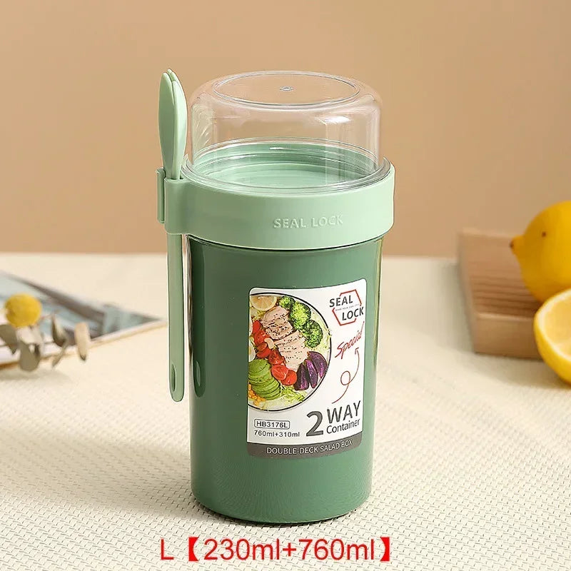 Portable Salad Cups Container Plastic with Lid and Fork Overnight cup Breakfast Oatmeal Cereal Nut Yogurt Cup School Lunch Box Oasis Select Green-L