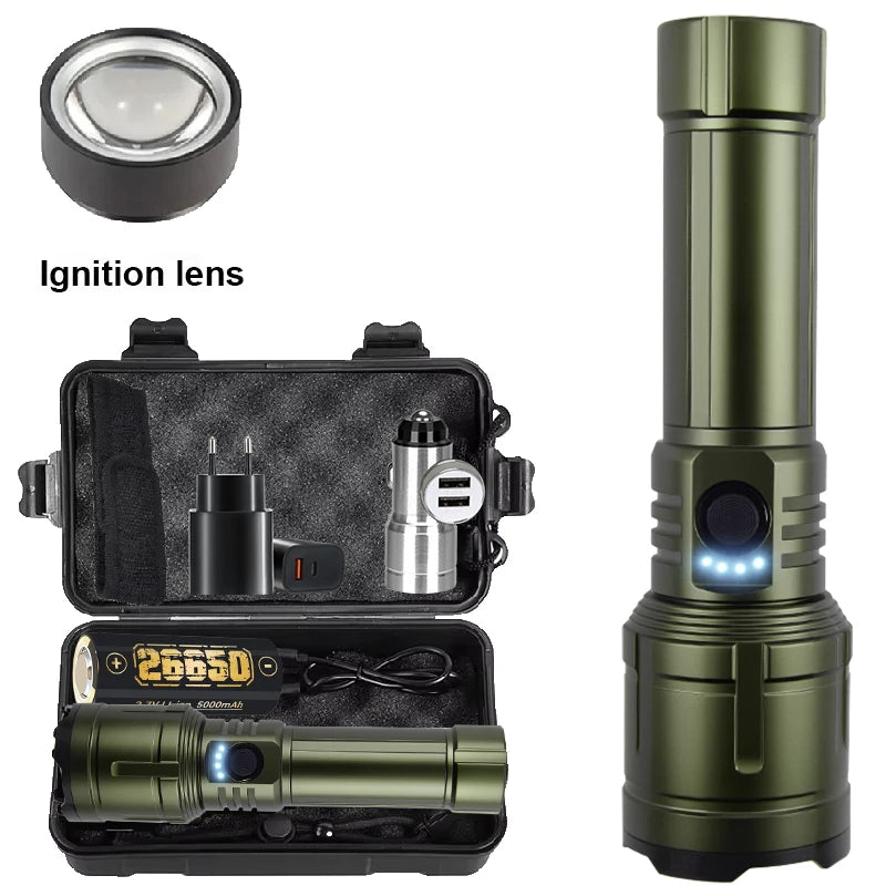 5000MAH Ultra Bright LED Flashlight with Flame Ignition Type-C Rechargeable Tactical Torch Outdoor Camping Adventure Lantern Oasis Select Green-set