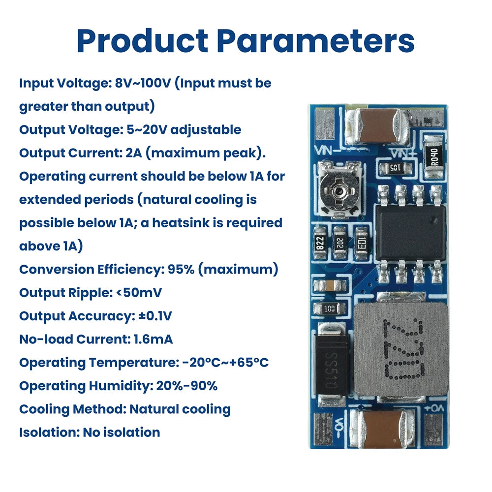 DC-DC Step-Down Module 8-100V Input to 5-20V Adjustable Output 2A High Current Small Size Power Supply Module Non-Isolation Oasis Select