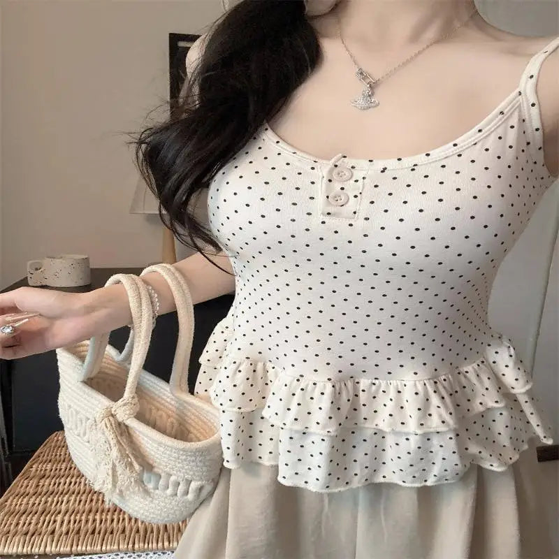 Women Clothing Summer Fashion Casual Polka Dot Solid Color Sling Ladies Fashionable Appear Thin Slim Young Style Tops Oasis Select Apricot One Size