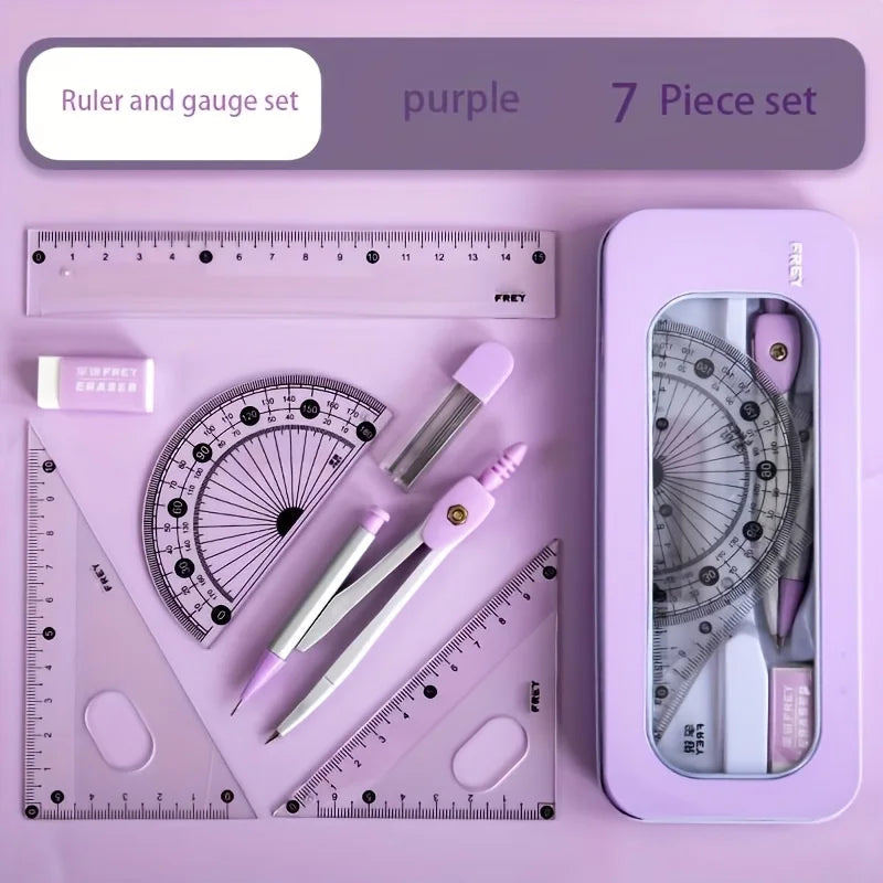 1-set Durable 7-in-1 Measuring and Drawing Tool Set, Including Compass, Protractor, Ruler, and Eraser Oasis Select PURPLE