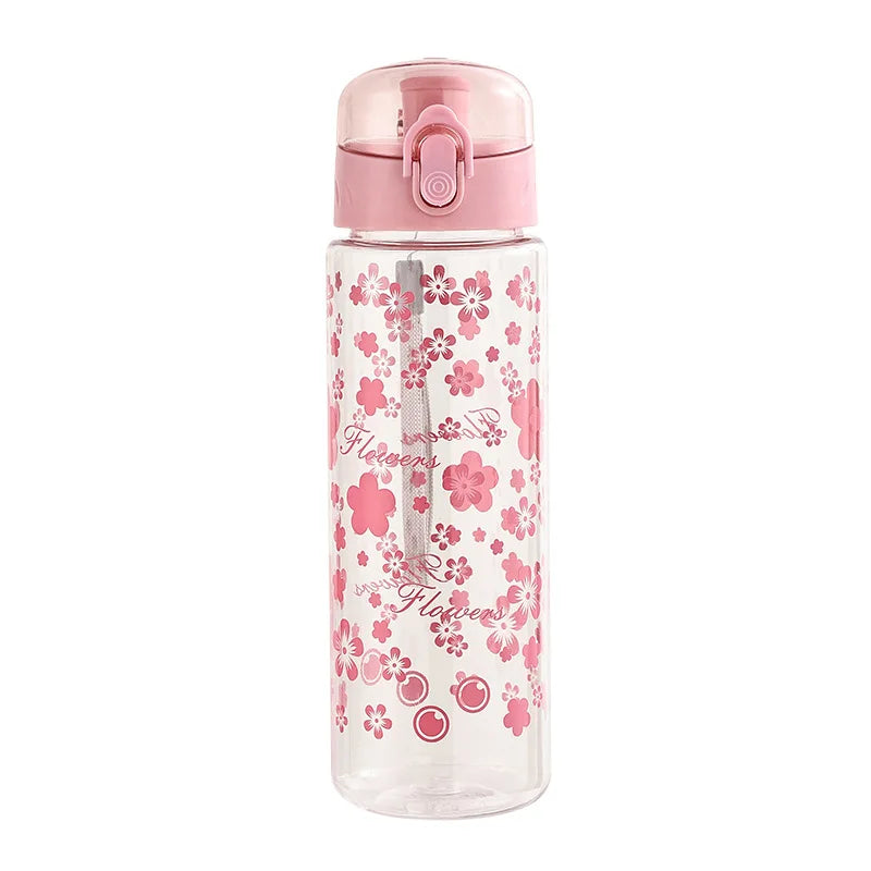 600ml Summer Daisy Plastic Straw Water Bottle, Leakproof Portable Drinking Cup for Outdoor Camping Clear Reusable Mug Ideal Gift Oasis Select Pink 600ml