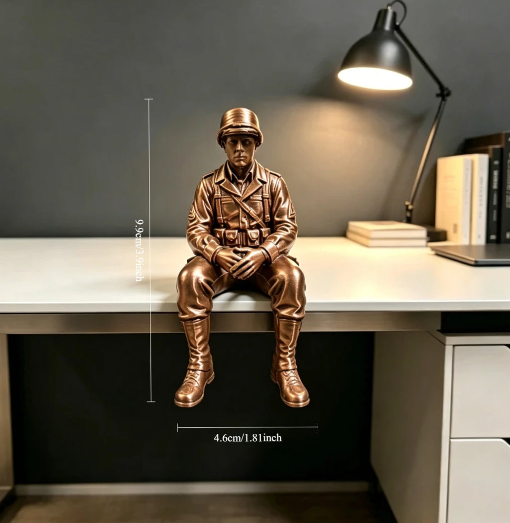 Retro Army Man Sitting Posture Figurine Shelf Decor Helmet Soldier Ornament Military Fan Gifts Minimalist Home Office Desk Decor Oasis Select Soldiers think 3