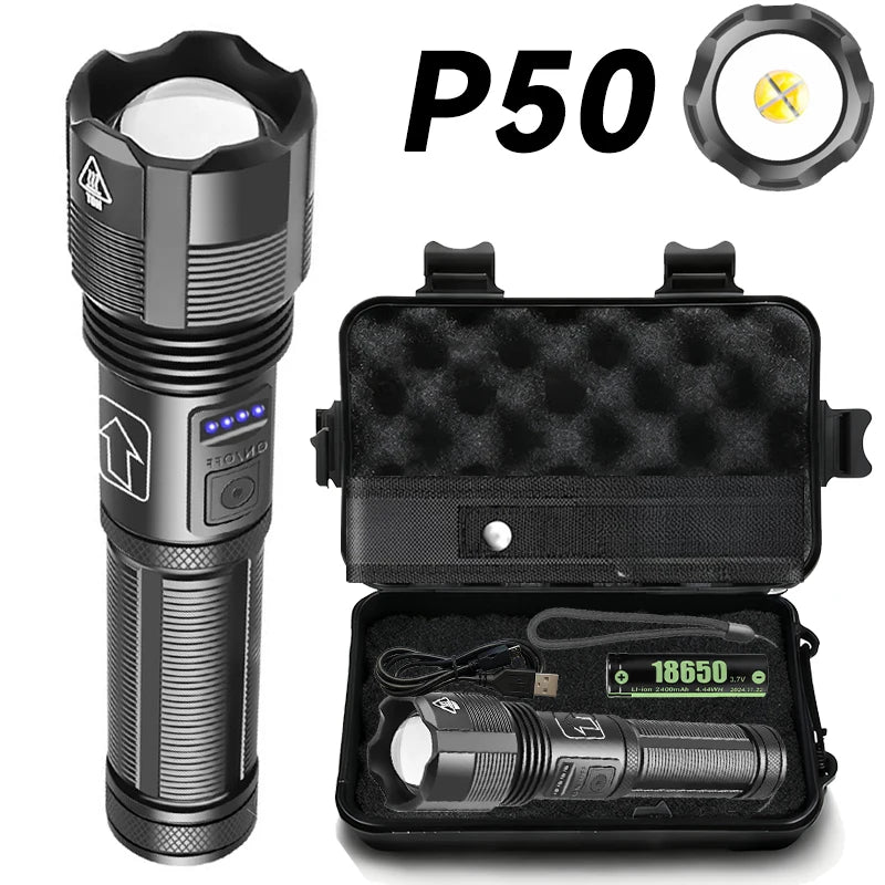 High Power Rechargeable Flashlights Ultra Powerful XHP50/XHP70 Torch Light External 18650Tactical Flashlight For Outdoor Camping Oasis Select P50-Set A ZOOM