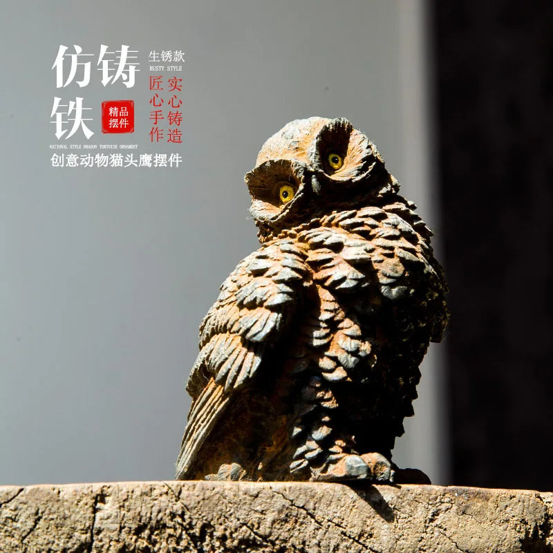 Imitation Cast Iron Rust Style Owl Living Room Desktop Mini Home Decoration Study Room Ornament Purely Handmade Tea Pet Oasis Select