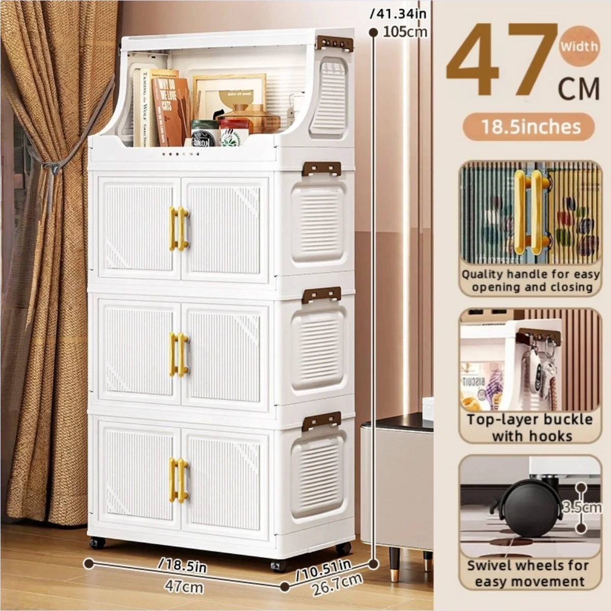 Large Foldable Flip-Top Transparent Storage Cabinet with Wheels - Space-Saving Mobile Organizer for Kitchen Bedroom Living Room Oasis Select 4 Tiers White