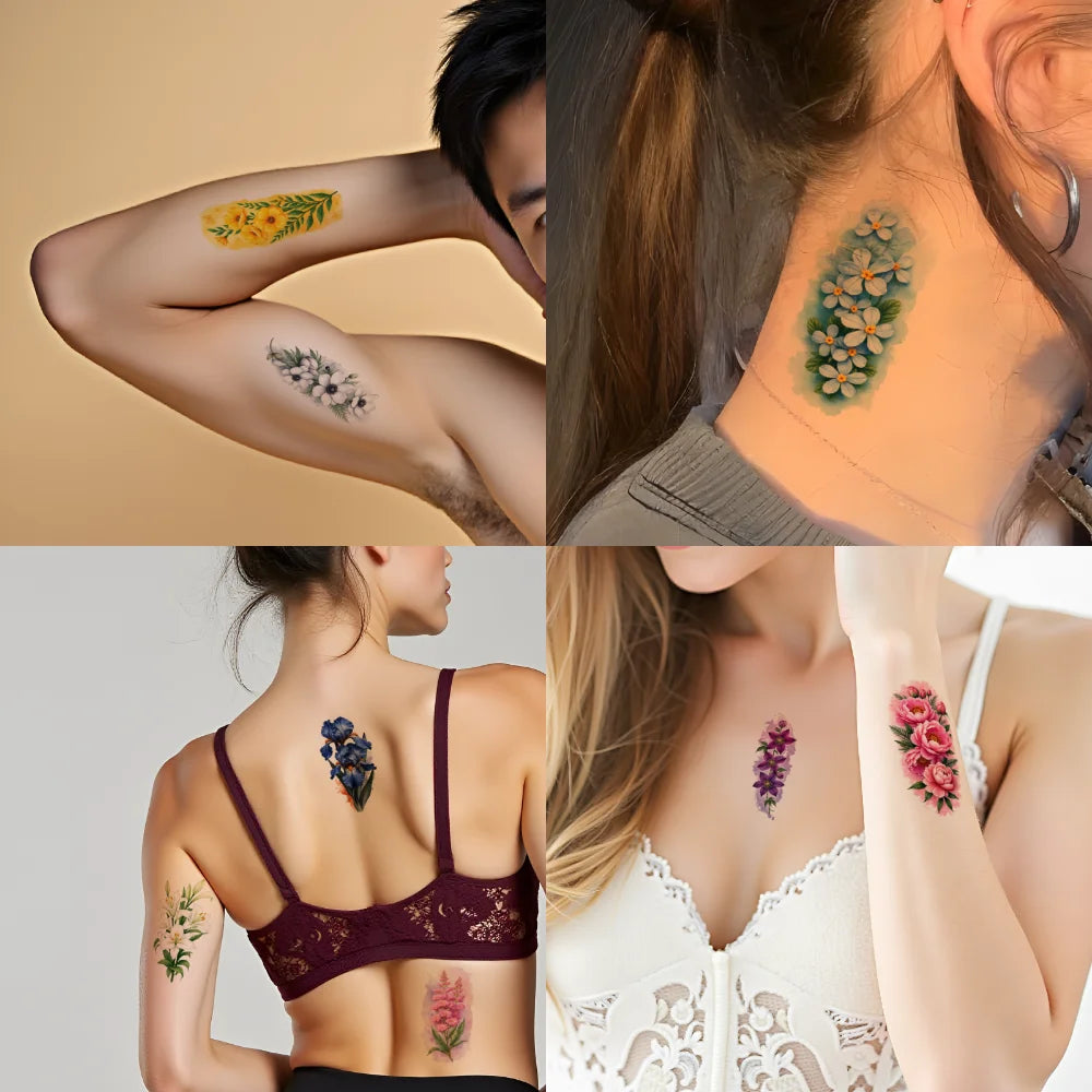 9pc Temporary Tattoos – Lotus, Green Leaves & Pink Blossoms