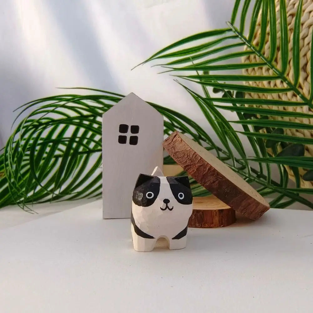 Mini Wooden Cat & Dog Figurine | Cute Painted Animal Statue