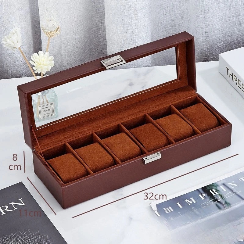 6 Grids PU Leather Watch Box - Luxury Storage & Display Case for Wristwatch Mechanical Watch, Watch Organizer for Men Women Oasis Select Brown