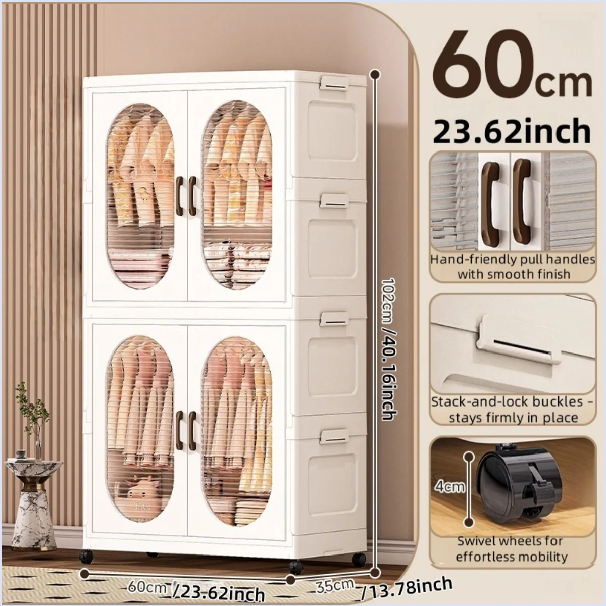 60cm Double-Door Foldable Wardrobe with Wheels - Large Capacity Magnetic Closure Storage for Clothes/Quilts, Bedroom/Living Room Oasis Select 2 cabinets