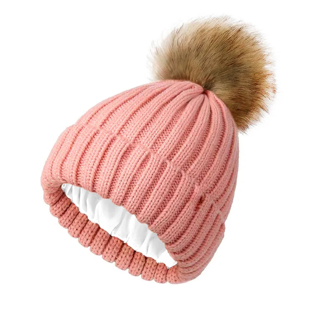 Adult soft knitted hat with no brim, reverse mouth hat, satin lining, wool ball hat, warm knitted hat without label Oasis Select 4