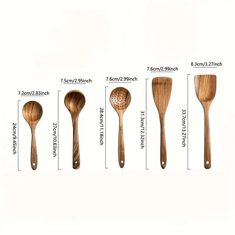 5pcs Wood Kitchen Utensil and Spoon Sets - Smooth Finish Non-Stick Cooking Spoons with Comfort-Grip, Wooden Spatula for Soup Oasis Select 5pcs