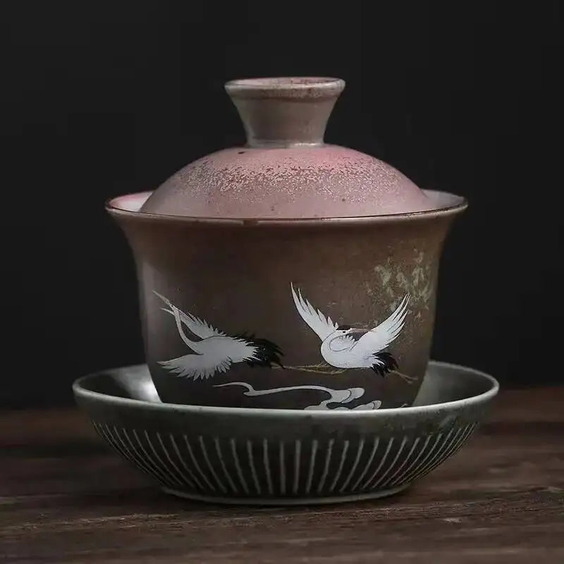 Japanese Kiln Change Color Ceramic Sancai Gaiwan Kung Fu Tea Set Household Tea Brewer Creative Crane Large Serving Tea Bowl Oasis Select Cover Bowl 240ml