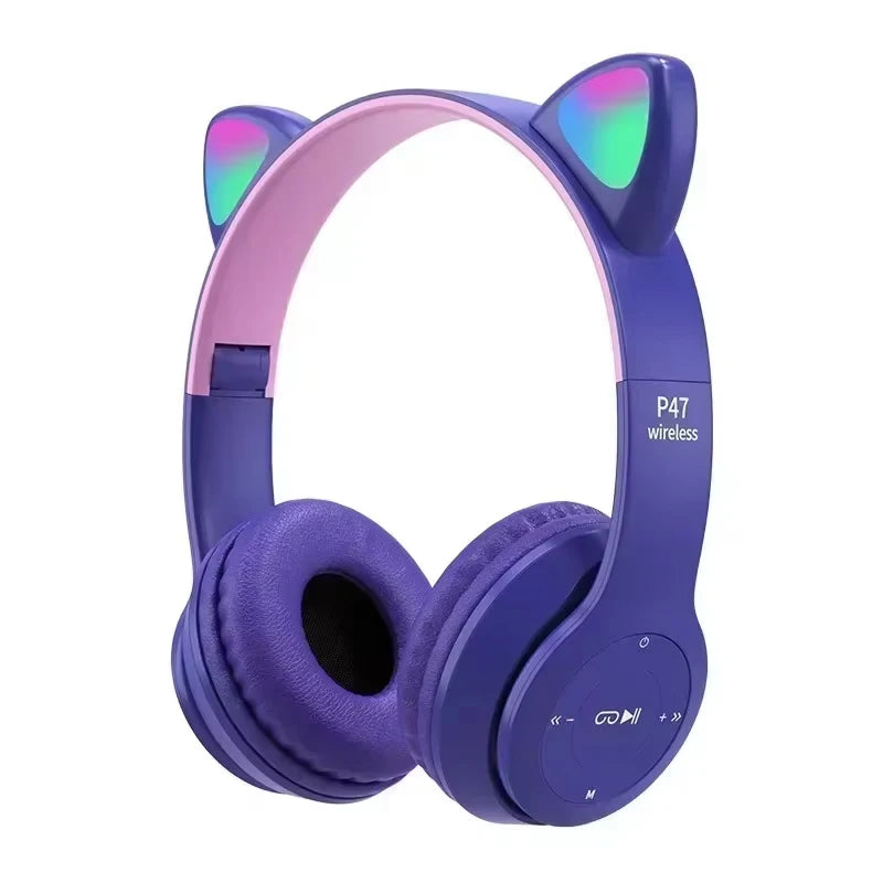 Flash Lamp Cute Cat Ears Headphone Bluetooth5.0 Stereo With Mic Support TF Card Wireless Kids Girl Earphone Birthday Gift Oasis Select PURPLE