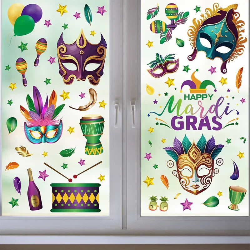 Reusable Mardi Gras Window Stickers Masquerade Mask Feather Pattern Glass Door Decor Festival Party Supplies Carnival Decoration Oasis Select