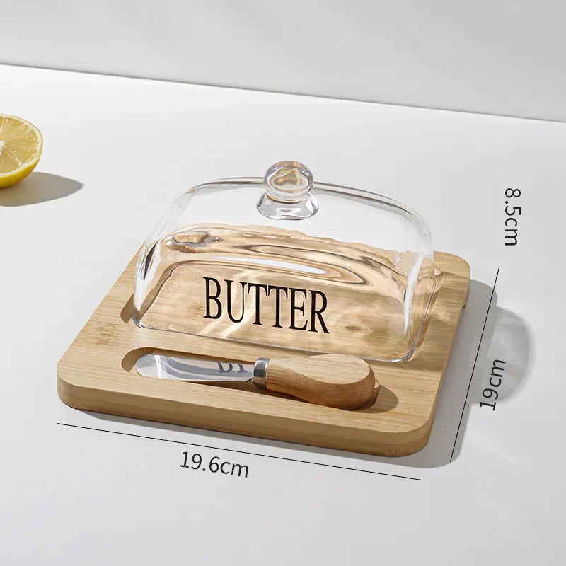 Wooden butter dish glass lid cheese box Butter cheese dessert plate cake dessert table display stand Oasis Select log color