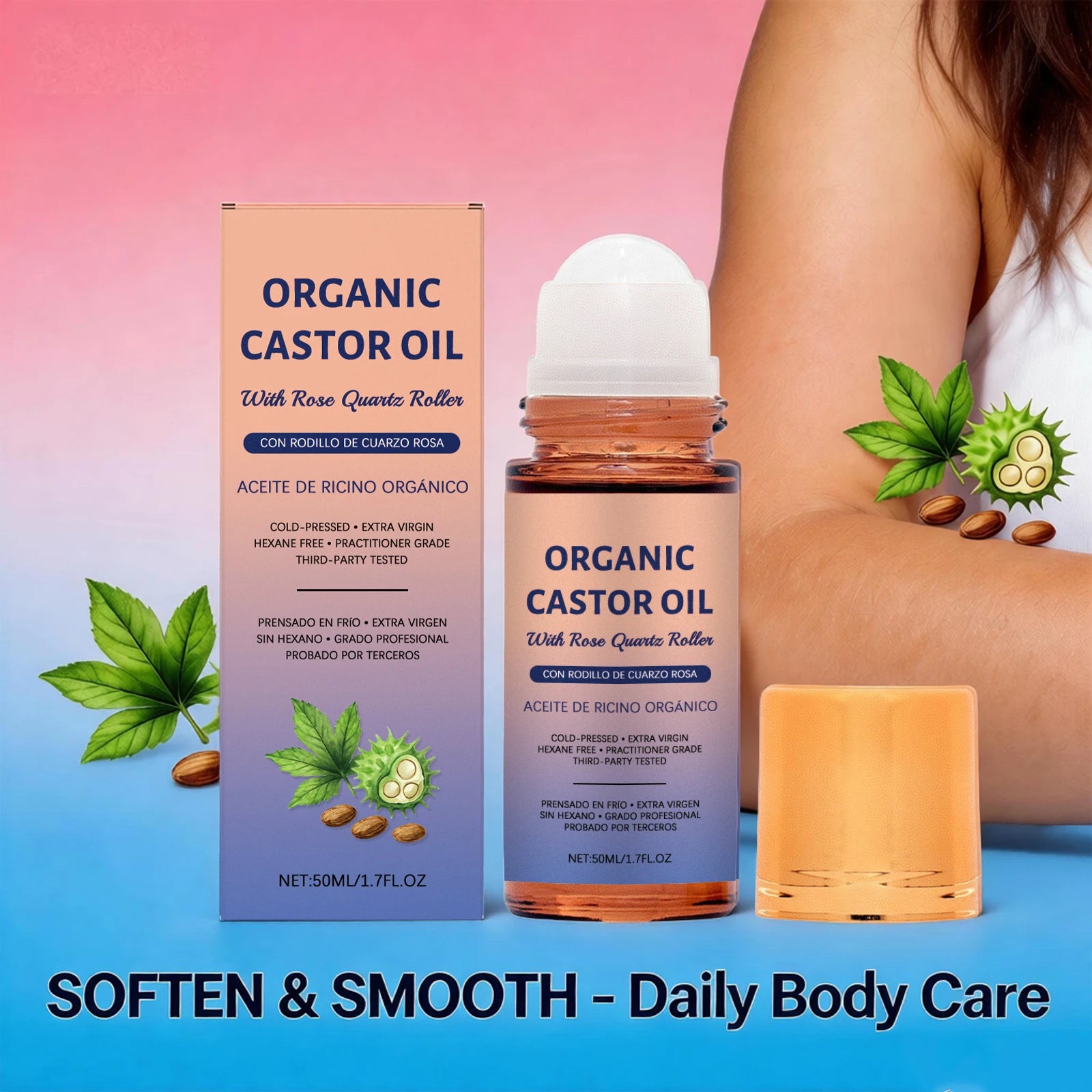 Organic Castor Oil Roller Cold Pressed Unrefined Essential Oil for Hair Eyelash Nail Growth Moisturize Skin Hair Massage Oil Oasis Select