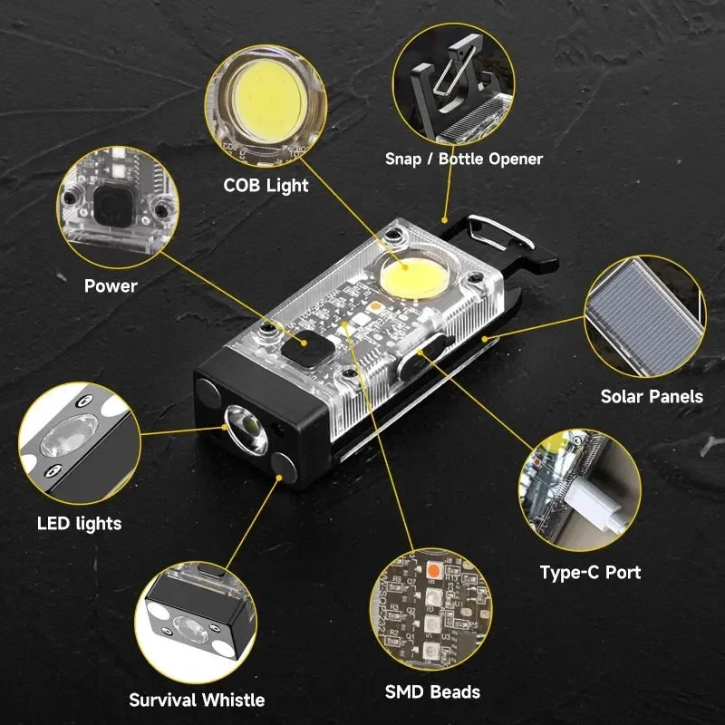 COB Keychain Work Light with Dual Light Source Rechargeable Solar Powered 9Mode Magnet Base for Camping Fishing Repair Walk Oasis Select