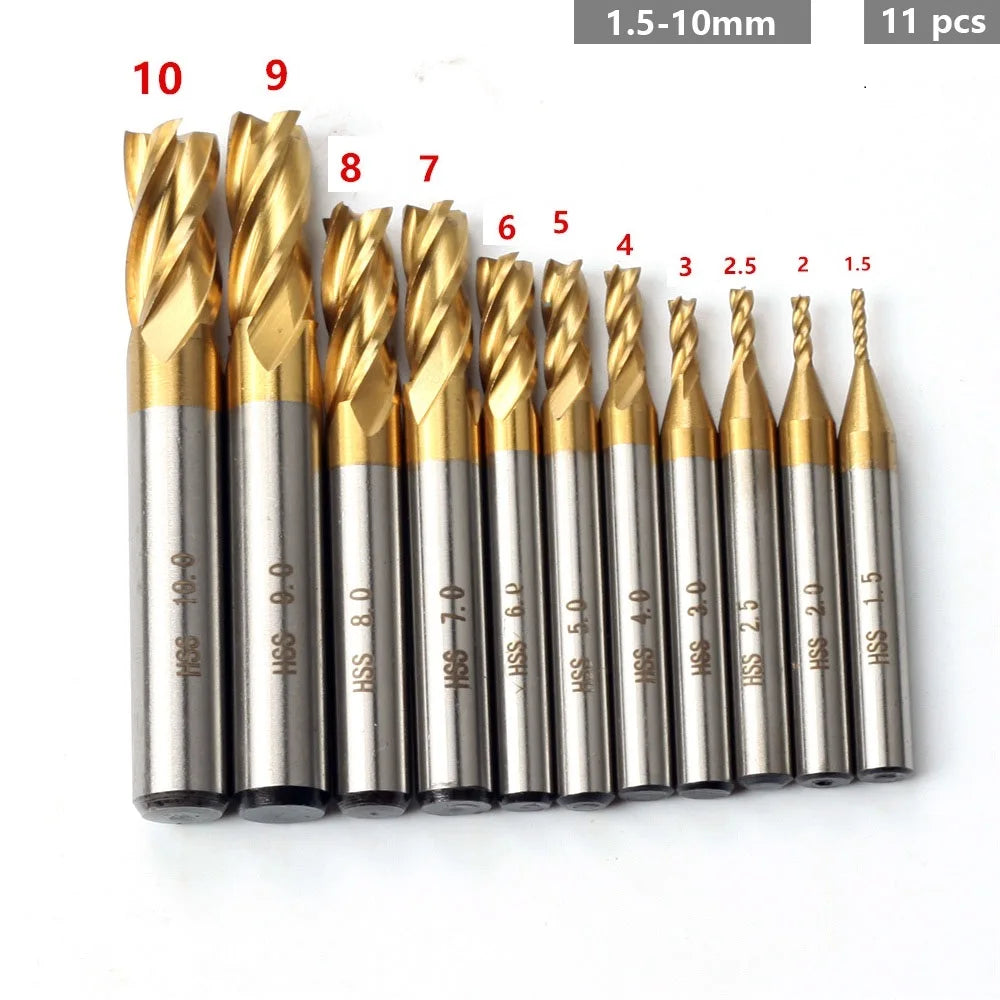 7Pcs/11Pcs Milling Cutters 4-Flute Titanium Coated HSS End Mill Set 1.5-10mm CNC Router Bit For Wood Steel Milling Oasis Select