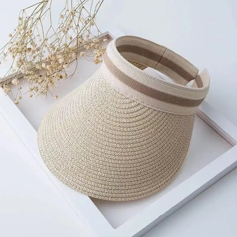 Summer Beach Straw Hat with Pearls for Women Wide Brim Open Crown Elegant Raffia Sun Protection Cap Holiday Essentials Oasis Select A10