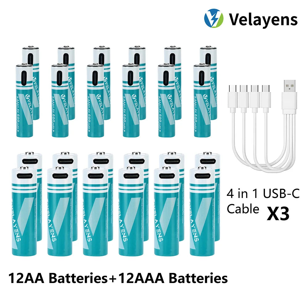 1.5V USB Rechargable Lithium Battery AA 2200mAh + AAA 600mAh Actual Capacity Fast Charging 2000+ Charge Cycles Oasis Select 12AA 12AAA