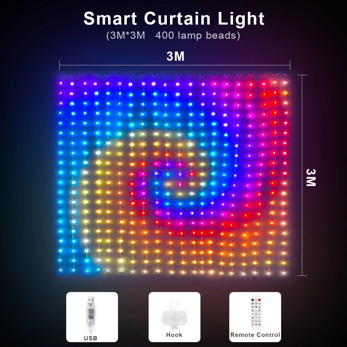 LED Curtain Ambient Lighting String RGB Programmable Smart Lamp Chain 100+ Scene Lights,USB 5V,Christmas Home Ambinet Decor Oasis Select 3M x 3M 400LEDs