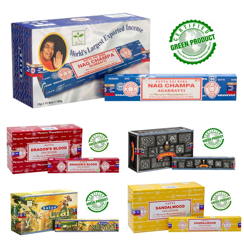 Incense Sticks Complete Boxes Satya NAGCHAMPA Original, Palo Santo DRAGONS BLOOD SANDALWOOD Natural Incenso(Handmade in India) Oasis Select